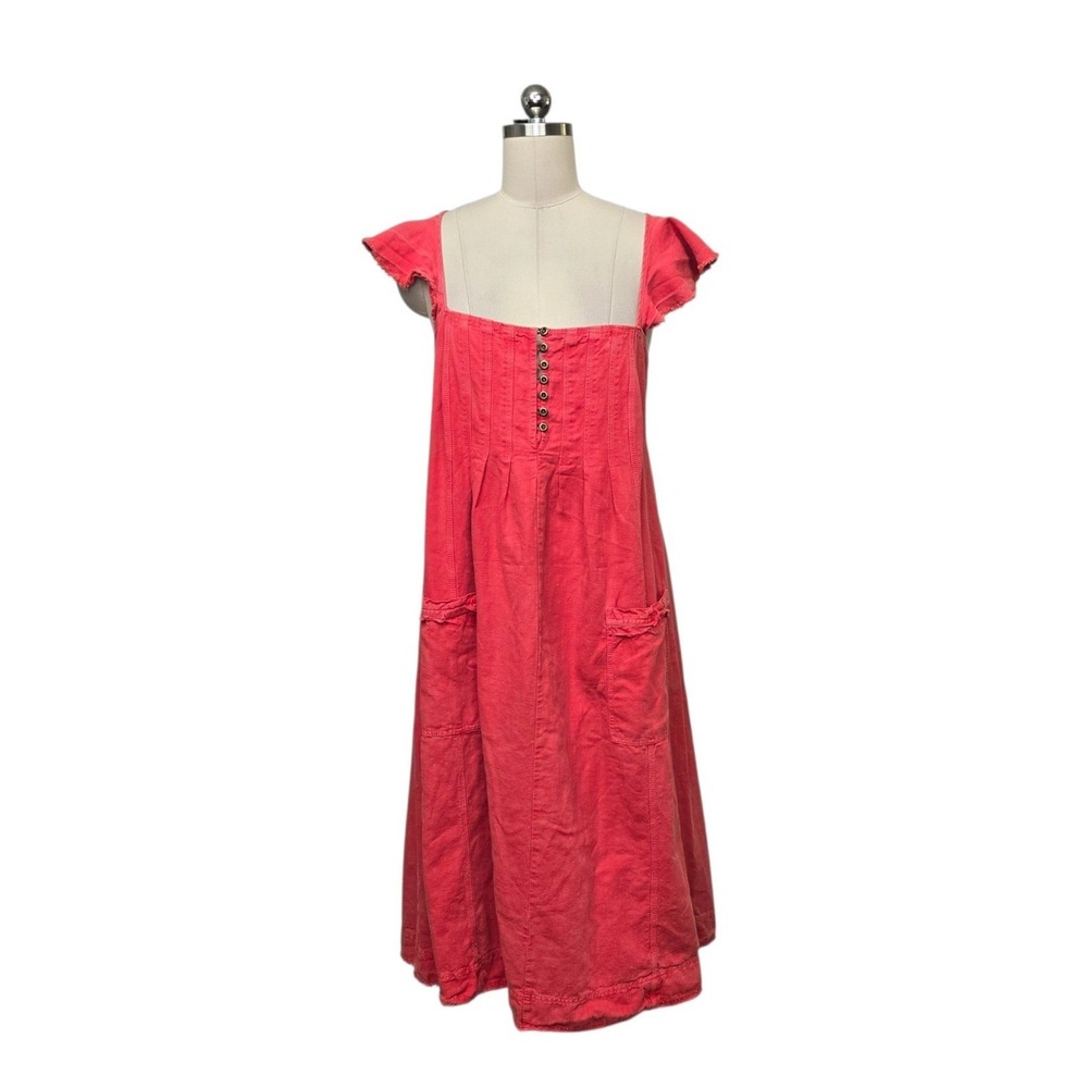Pilcro Anthropologie Coral Cotton Linen Open Back Midi Dress Flutter Sleeve Med